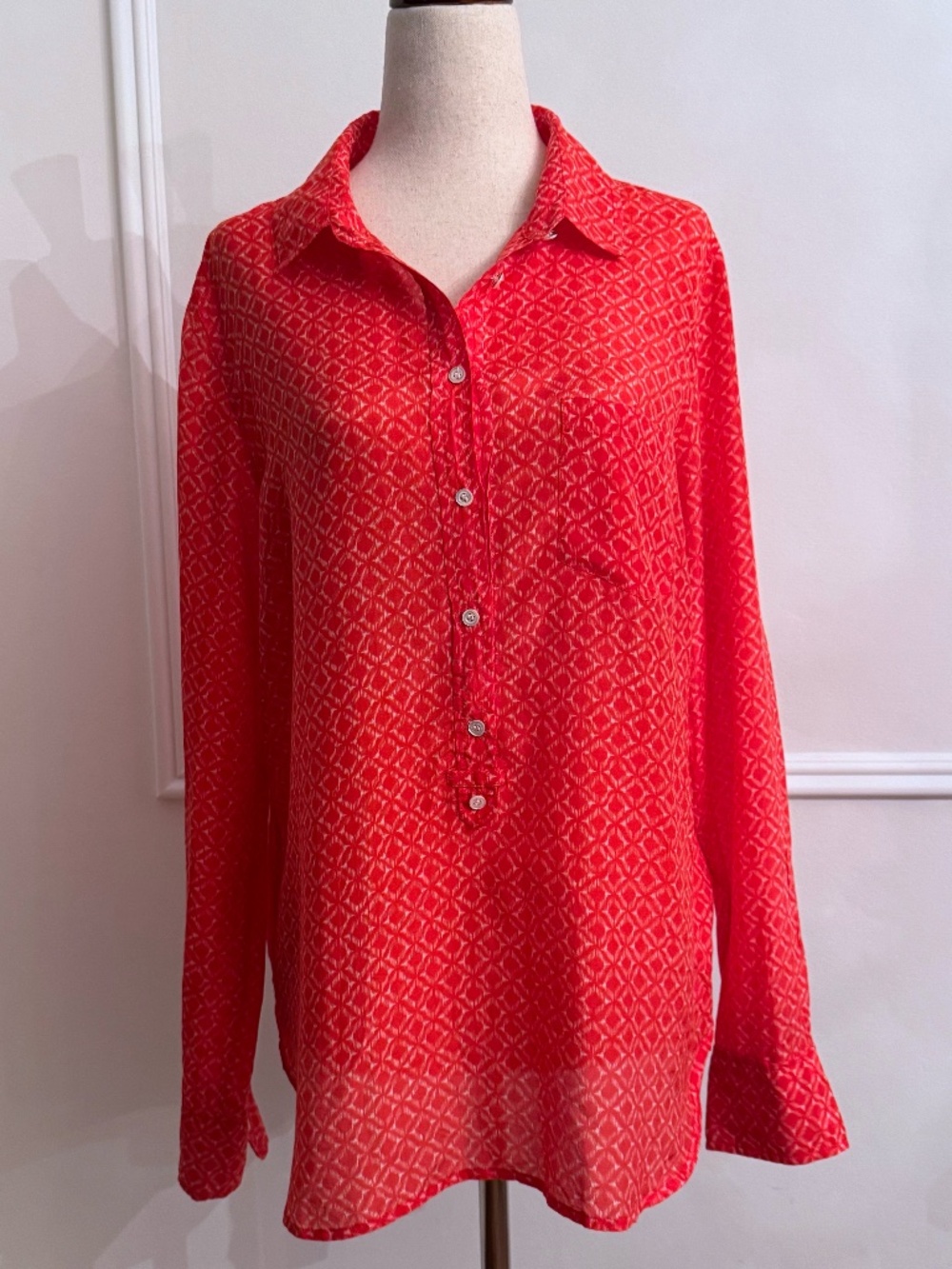 J.Crew Orange Diamond Print Silk Cotton Popover Shirt Chest Pocket M
